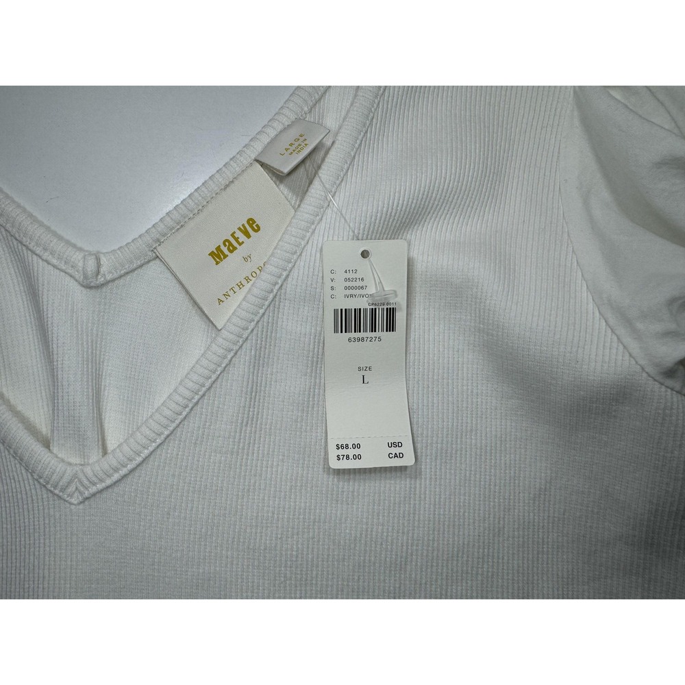 Maeve Anthropologie Shirt Womens Large White Puff Sleeve Tie Cuff V Neck Top - Picture 4 of 11